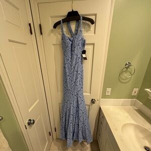 La Femme blue maxi mermaid dress with flowers and mini gems and an open back